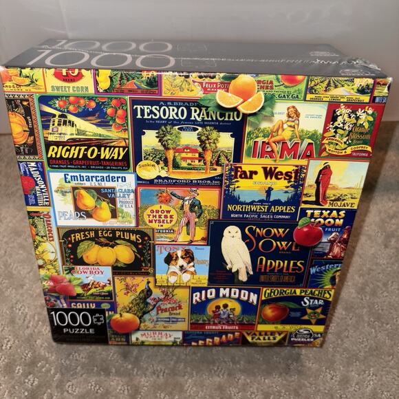 Spin Master 2-Pack of 1000 Piece Jigsaw Puzzles Retro Comics & Fruit Labels NEW - Picture 1 of 7